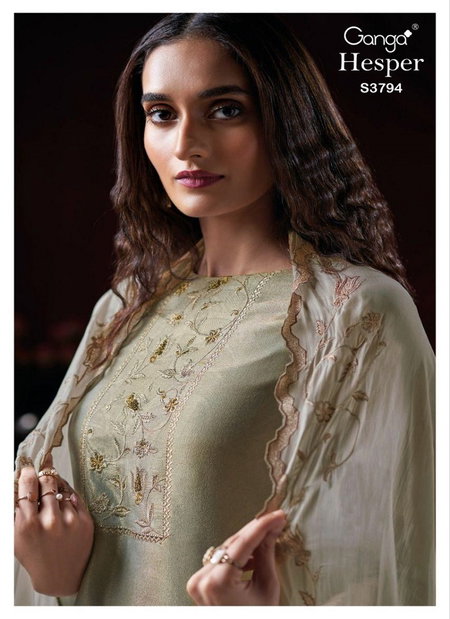 Hesper 3794 By Ganga Silk With Embroidery Work Dress Material Exporters In India